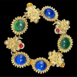 Vintage Ornate Revival Egyptian Multicolor Goldtone Chunky Link Bracelet